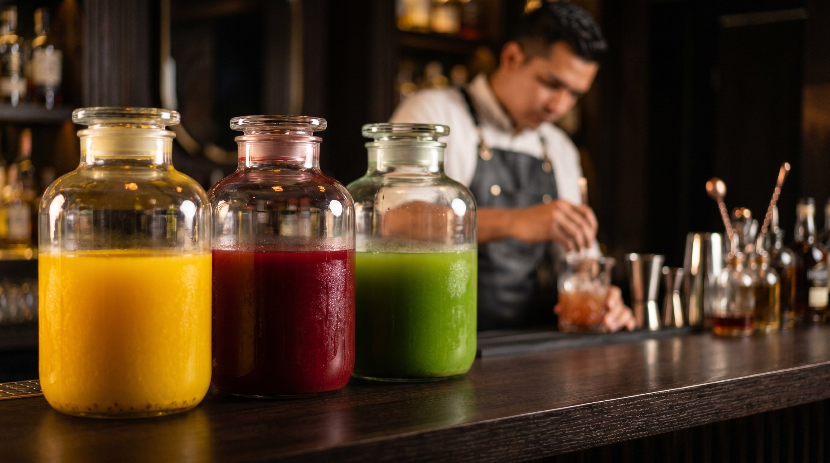Bartender de Be Vida preparando un cóctel en un bar oscuro de madera, junto a tres frascos grandes con concentrados de mixers en amarillo, rojo y verde