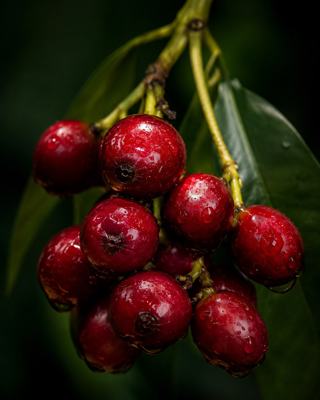 Racimo de bayas pequeñas de corozo en tonos rojos oscuros