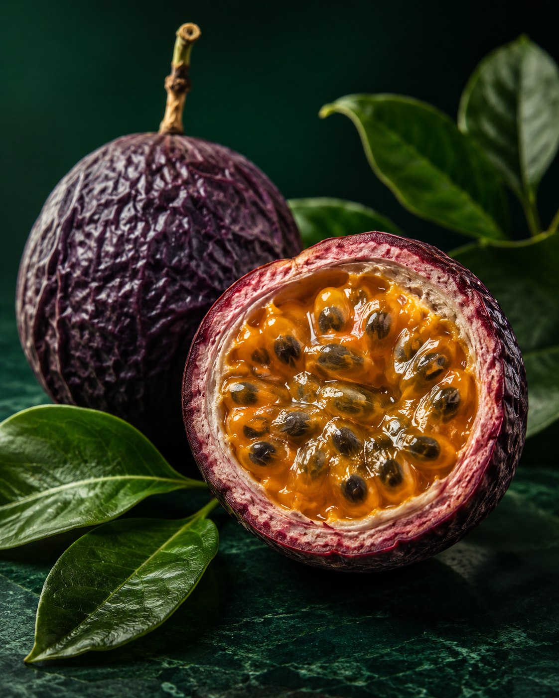 Gulupa morada cortada mostrando pulpa amarilla con semillas