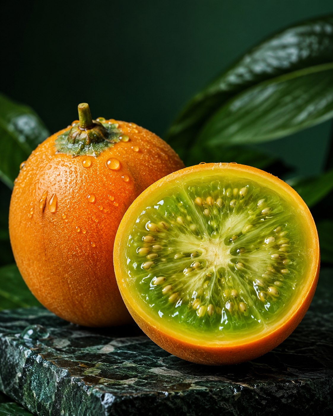 Lulo andino con cáscara naranja y pulpa verde con semillas