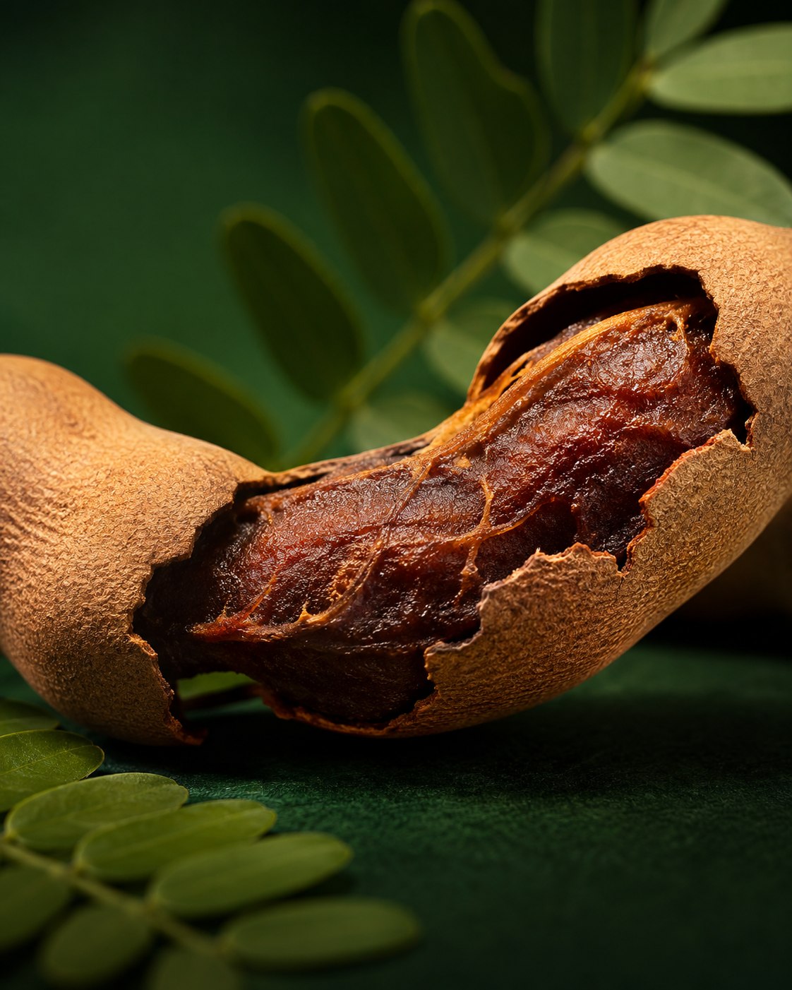 Vaina de tamarindo abierta mostrando la pulpa marrón con hojas verdes